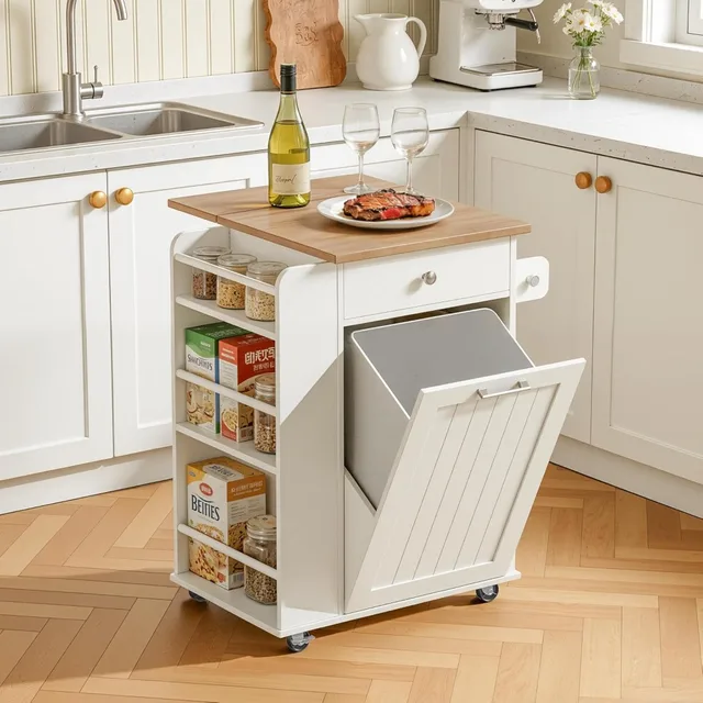 Kitchen Islands with Trash Can Storage and Folding Tabletops; Portable Kitchen Islands with Wheels, Customizable
