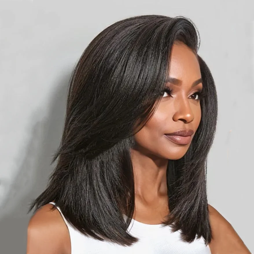 Yaki Straight Human Hair Wigs Pre Cut 13x4 HD Lace Front Wig Bye Bye Knots 200% Density Human Hair Wig Pre Plucked With Baby 1