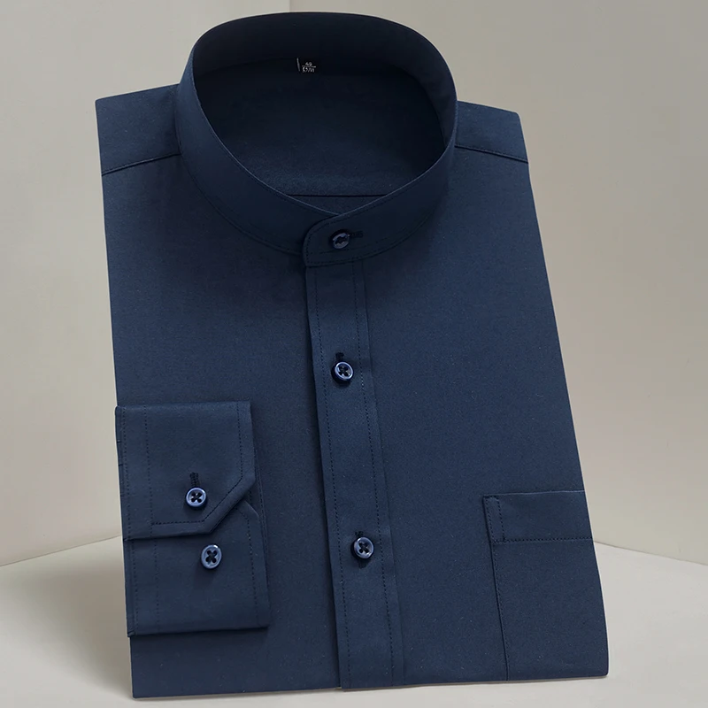 Men's Fashion Stand Collar Long Sleeve Shirt Pure Color Striped Business Casual Dress Formal Shirt Slim Fit soft comfortable