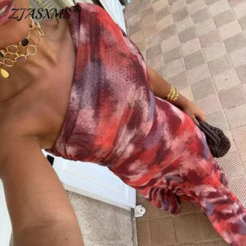 Sexy One Shoulder Sleeveless Pleated Long Dress Woman Spring Elegant Print Swing Party Dress Summer Backless Hollow Boho Dresses 1