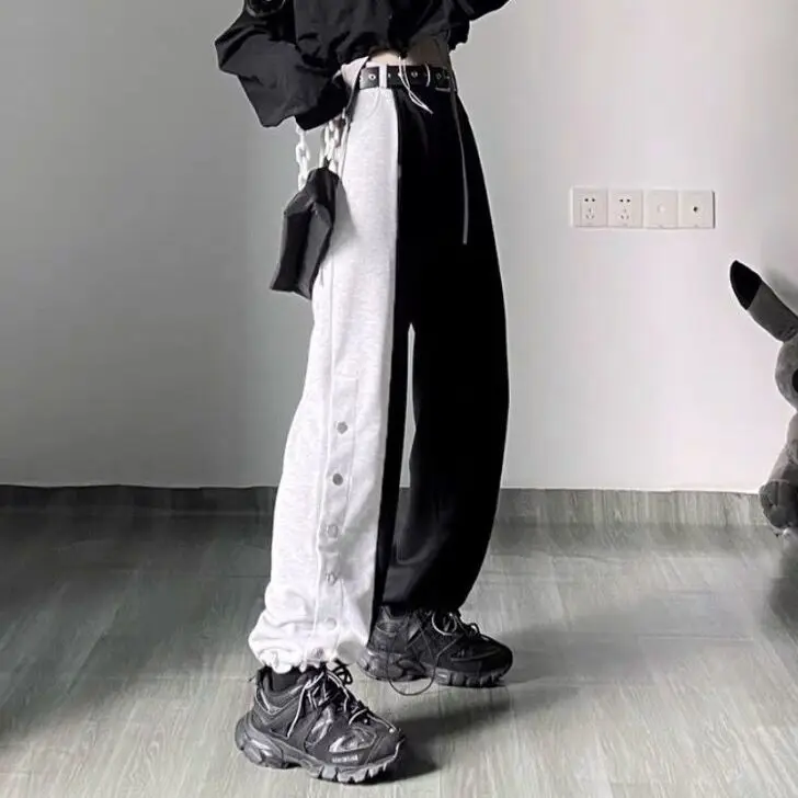 

Streetwear Gothic Wide Leg Pants Women Contrast Color High Waist Fashion Trousers with Belt Black Stitched Pants