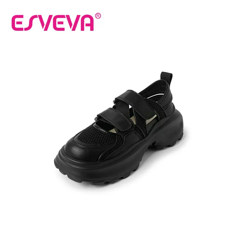 

ESVEVA 2023 Sport All Match Women Simple And Fashion Style Cow Leather Hook&Loop Casual Round Toe Shoes Woman 35-40
