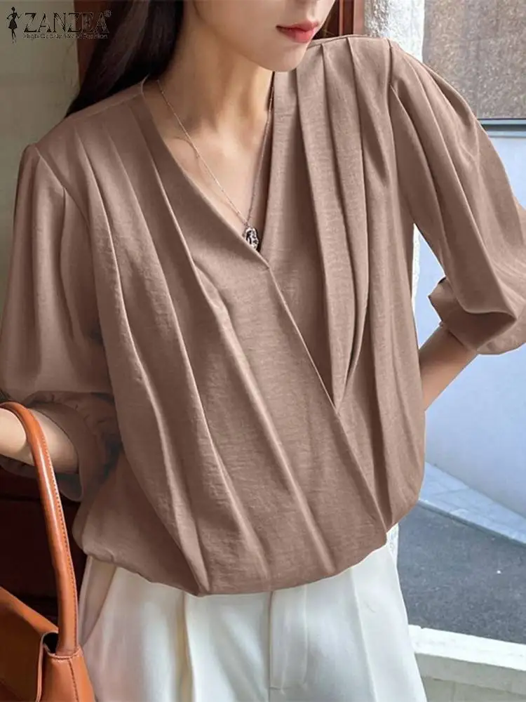 

ZANZEA Fashion Summer Blouse Tops Women 3/4 Puff Sleeve 2024 Casual V-Neck Sexy Pleated Loose Solid Color Blusas Femininas Shirt