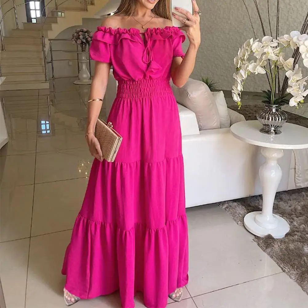 

Women Long Dress Elegant Off-shoulder Lace-up Maxi Dress Feminine Party Attire with Shirring Bubble Sleeves Ruffle Hem Lady