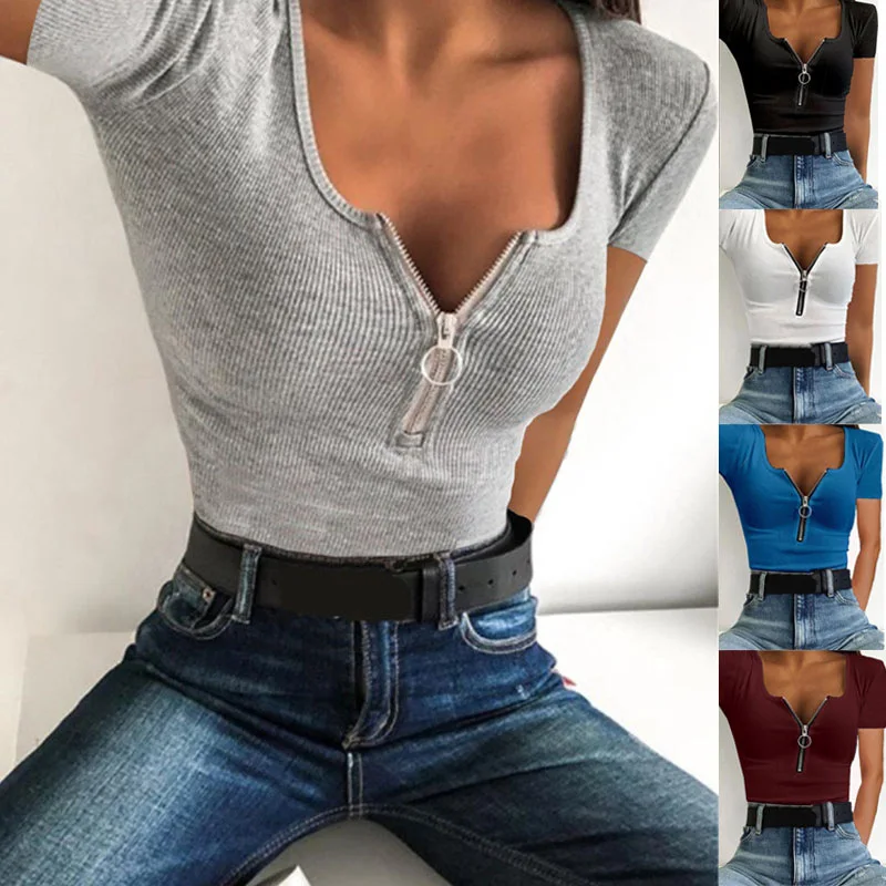 

Spring and Summer Women's Fashion Casual Threaded Zipper Embellished Short Sleeve T-shirt Tops