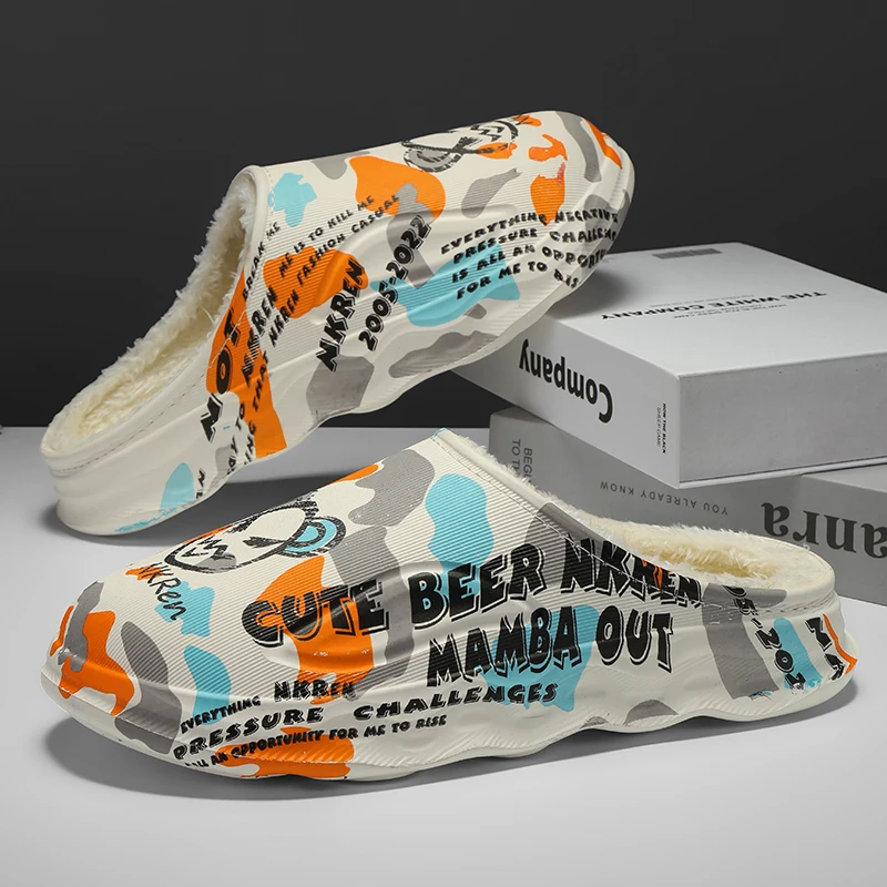 

Slides for Men Indoor House Platform Shoes Round Toe Slip-on Comfortable All-match Breathable Fashion Plus Velvet Keep Warm