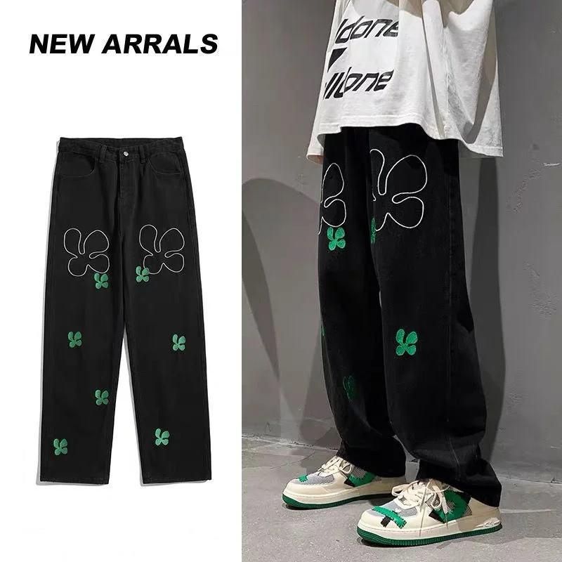 

Men's Jeans Fashion Embroidery Baggy Denim Trousers Spring Vintage Straight Wide Pants Oversized Male Bottoms Casual Y2K Clothes
