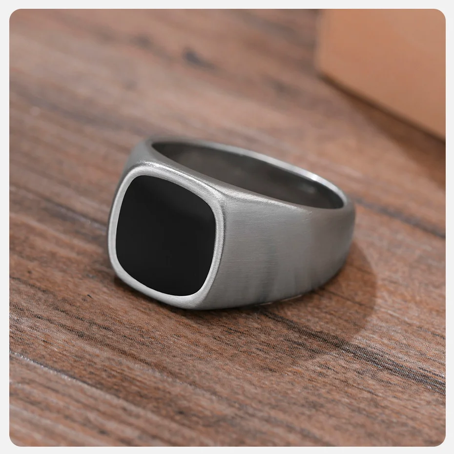 Vnox 12.5mm Signet Ring for Men, Black Square Top Stainless Steel Finger Band, Gothic Punk Rock Boy Stamp Rings