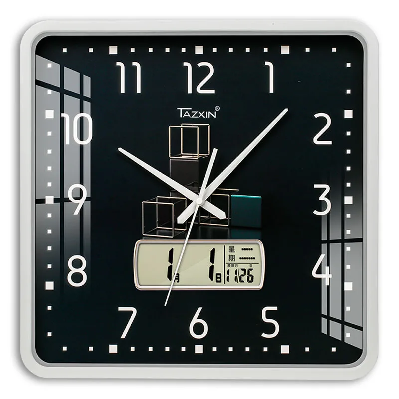 14 Inch Modern Square Wall Clock Silent Non Ticking with Digital Calendar Week Display