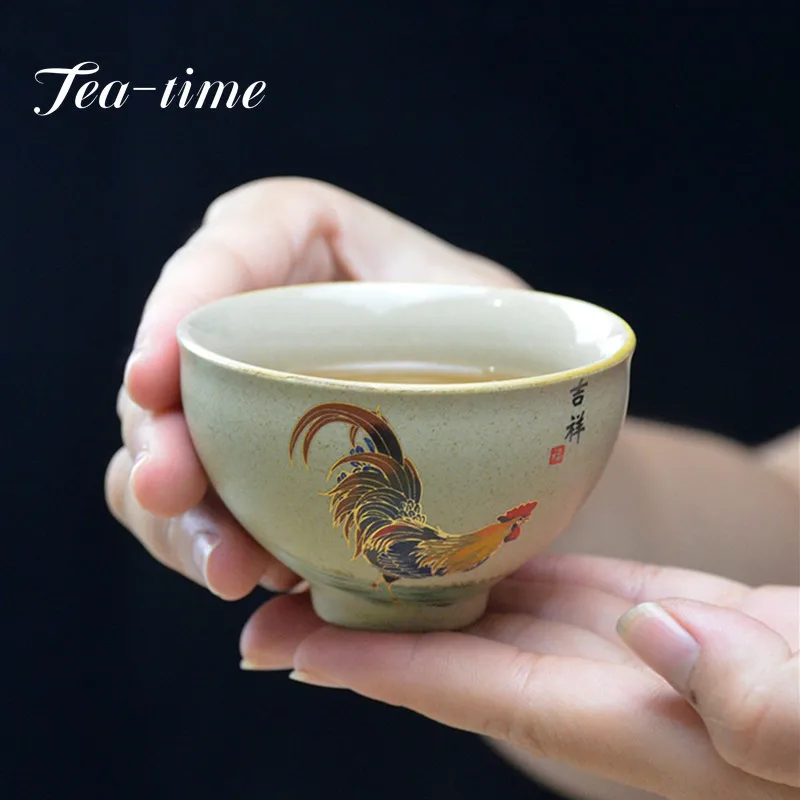 Antique Pottery Ceramic Teacup Hand Painted Cock Tea Cup Travel Portable Tea Bowl Pu'er Master Cup Chinese set Accessories