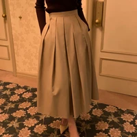 REALEFT Vintage Women's Pleated Skirts 2025 New Spring Summer Korea Style High Waist Solid Straight A-line Midi Skirts Female
