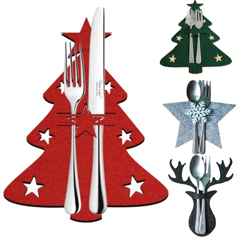 

4Pcs Christmas Cutlery Bags Pentagram Elk Xmas Tree Shape Knife Fork Holder Pocket Navidad New Year Party Decor Tableware Bags
