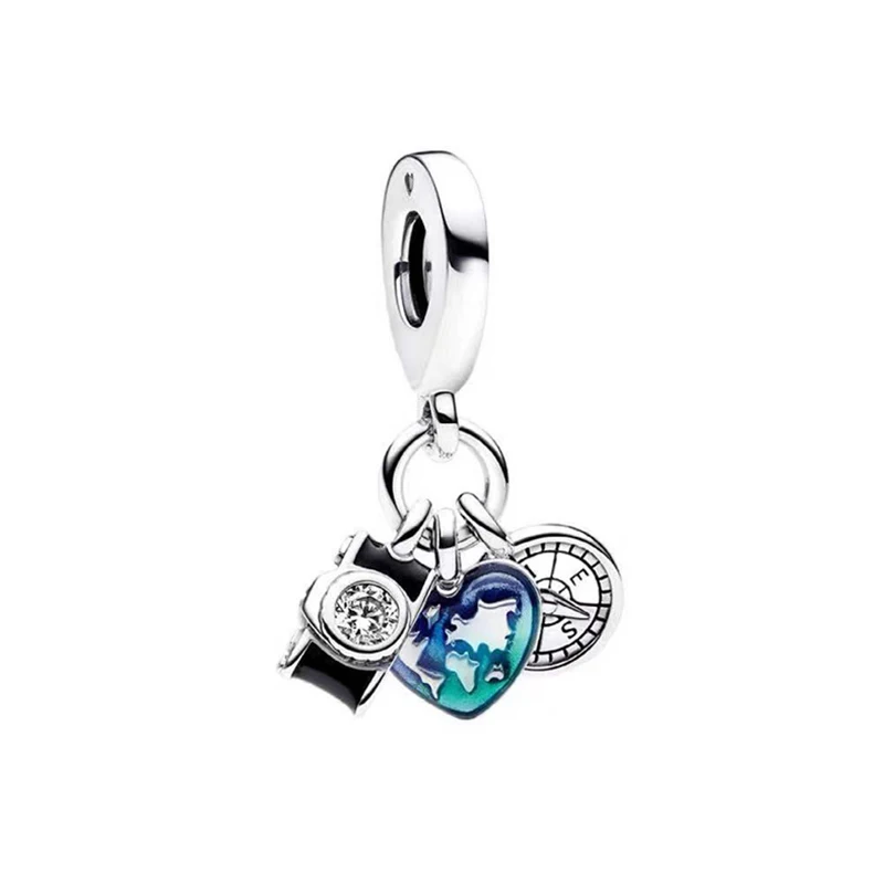 

Fit Pandora Camera Heart & Compass Triple Dangle Charm for Jewelry Making Women Bracelet Accessories Girls Bangles Pendant DIY