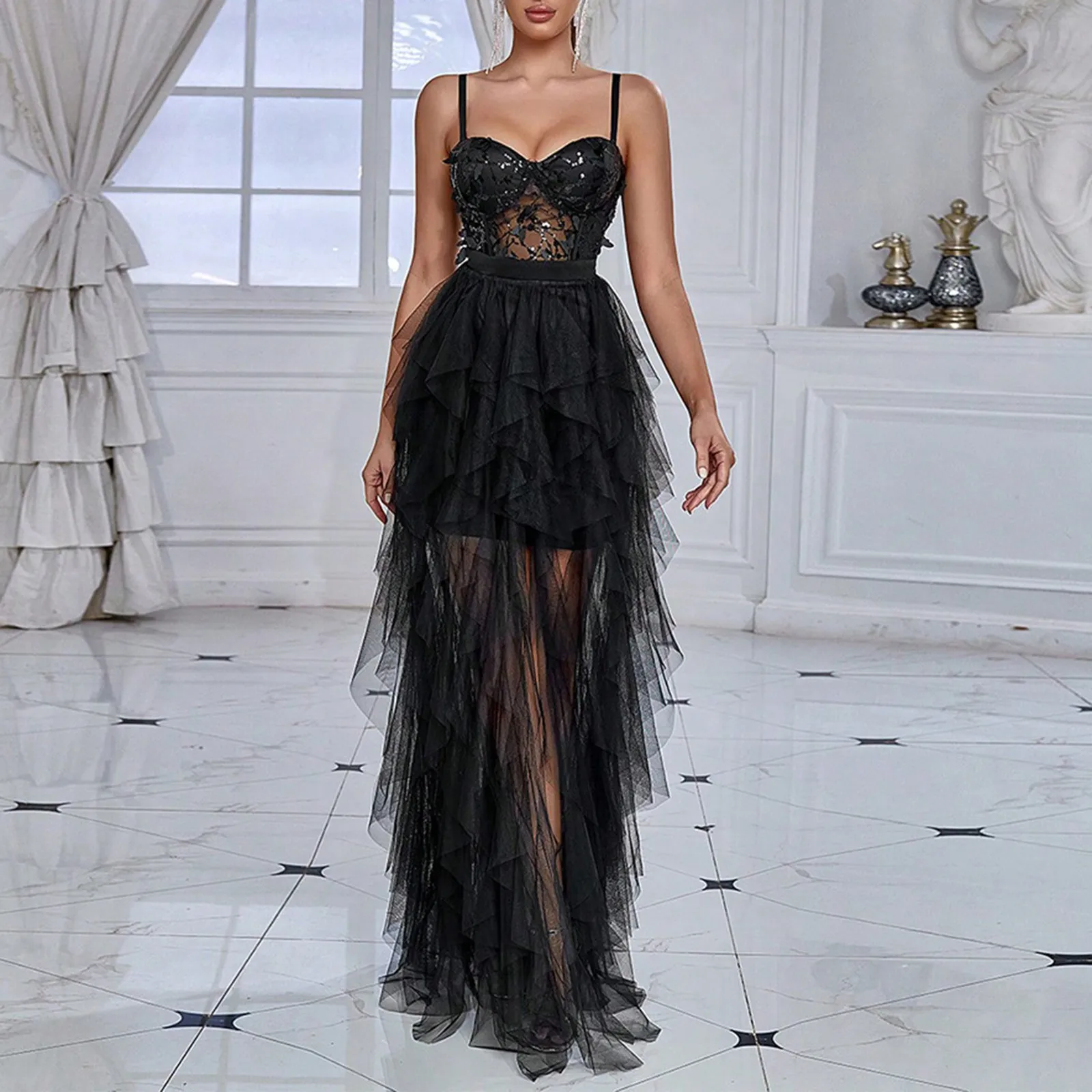 

Elegant Evening Dress For Women 2024 New Sexy Net Yarn Slim Fit Sleeveless Spaghetti Strap Long Maxi Dress Chic Lady Party Dress
