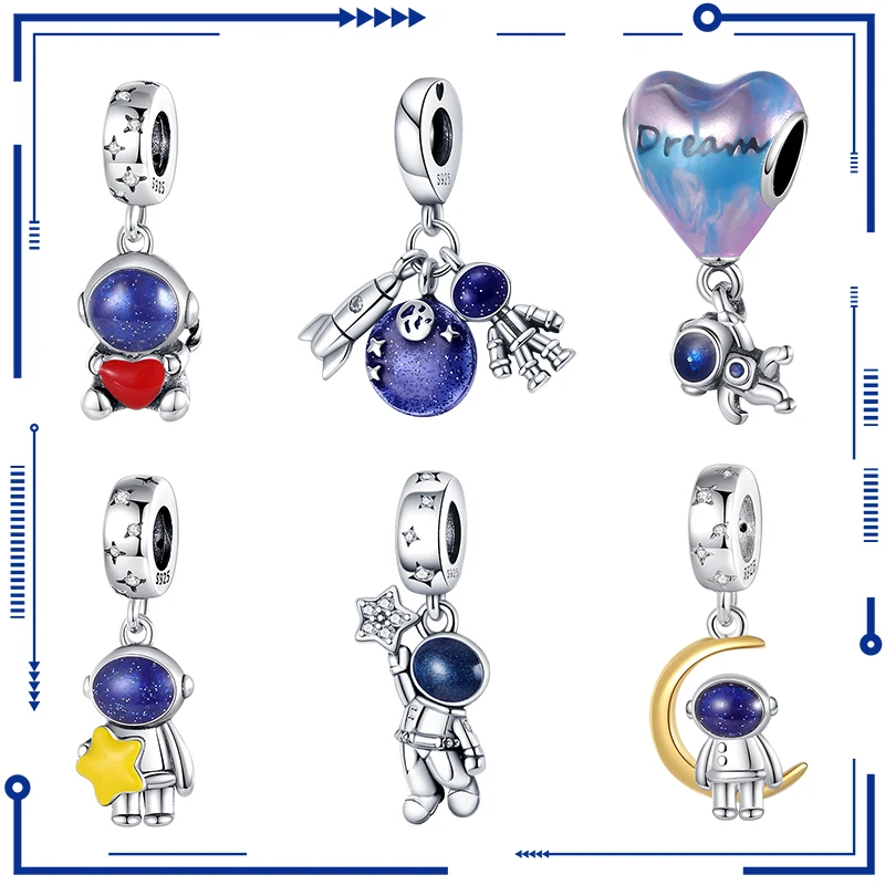 

925 Sterling Silver New in Stars Moon Astronaut Charm Beads Fits Pandora Original Bracelet Women Pendant Bead DIY Jewelry Gift