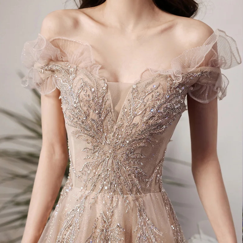 

Fairy Long Cheongsam Celebrity Banquet Dress Elegant Pleated Party Qipao Temperament Sexy Slash Neck Prom Dress Robe De Soiree