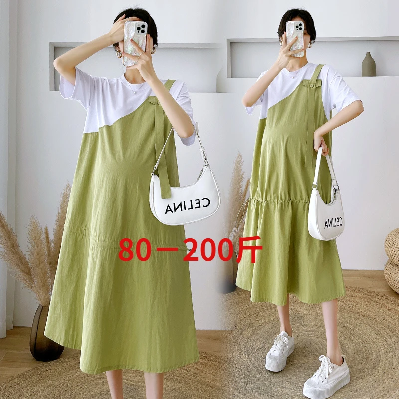 

New oversized maternity dress summer loose long section high-end fashion show thin fake two A-line skirts 200 catties can be wor
