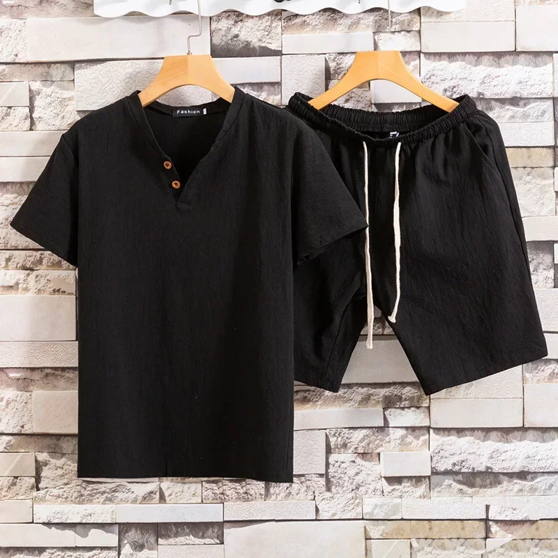 1 Set Men's Short Sleeve Shorts Set Summer Cotton and Linen Two Button Large Size Solid Color Men's T-shirt Two-piece Set 3