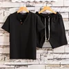 1 Set Men's Short Sleeve Shorts Set Summer Cotton and Linen Two Button Large Size Solid Color Men's T-shirt Two-piece Set 3