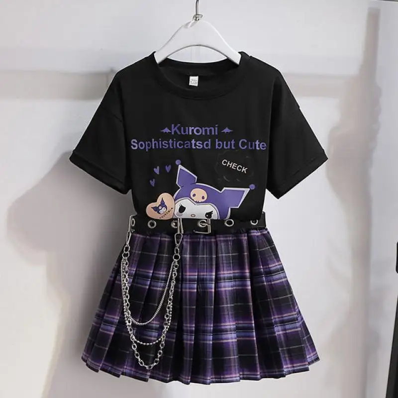 Sanrio Short Sleeves T-Shirt Skirt Belt Anime Female Preppy Suit Kuromi Summer Clothes Jk Pleated Skirt Two Piece Set Wholesale