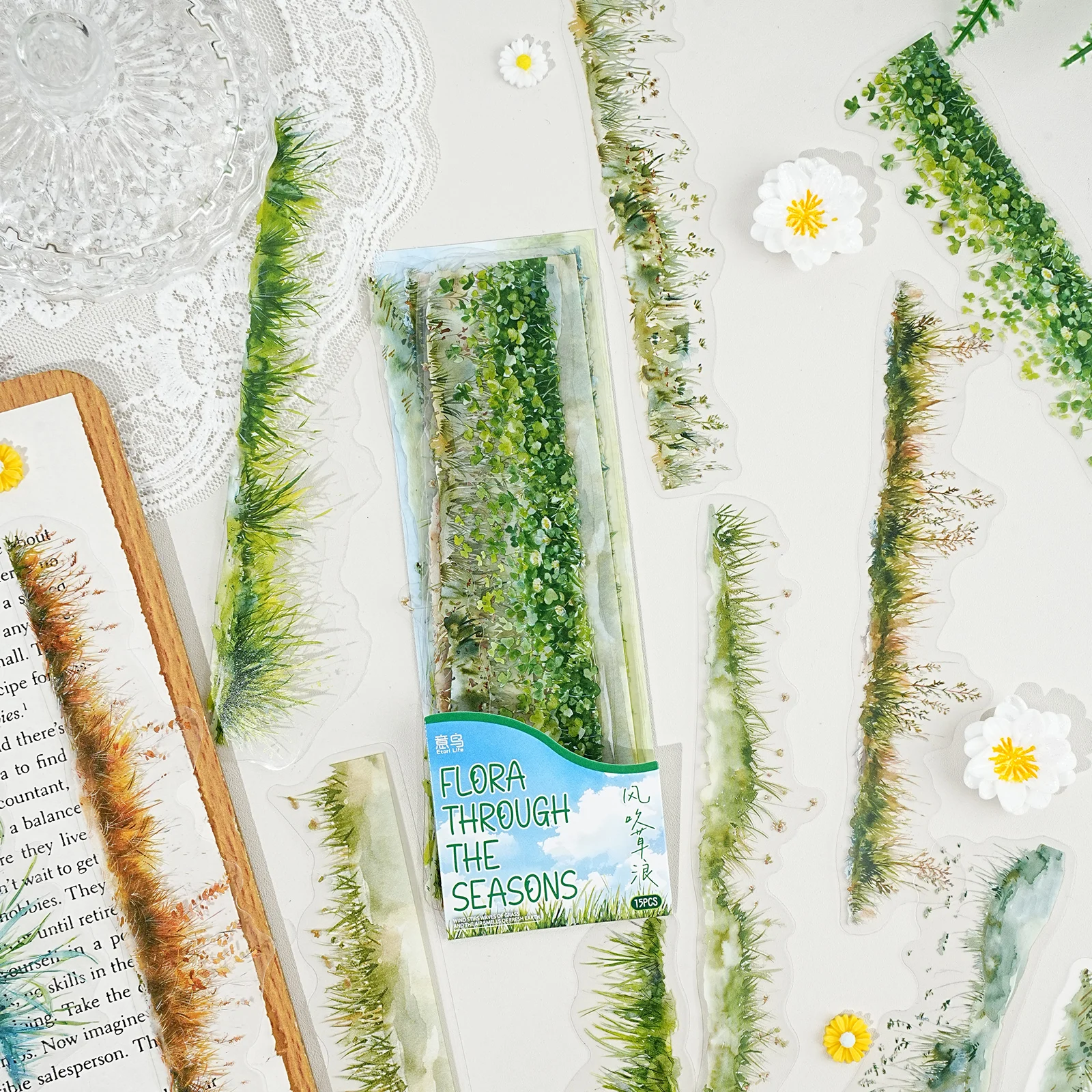Etori Life 15개 고품질 잔디 테두리 스티커, 빈티지 녹색 식물 스티커, 플래너, 노트북, 노트북, 여행 가방, 자전거, 스케이트보드, 스크랩북 용품, 사무실 장식 액세서리, 포스터, 잡지, 씰링 라
