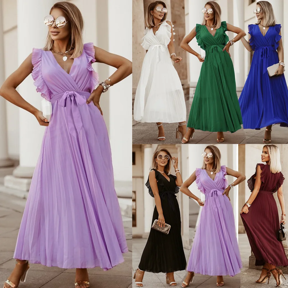 

Elegant beach long skirt, fashionable, slim and sexy, ruffled sleeves, chiffon pleated skirt, solid color dress