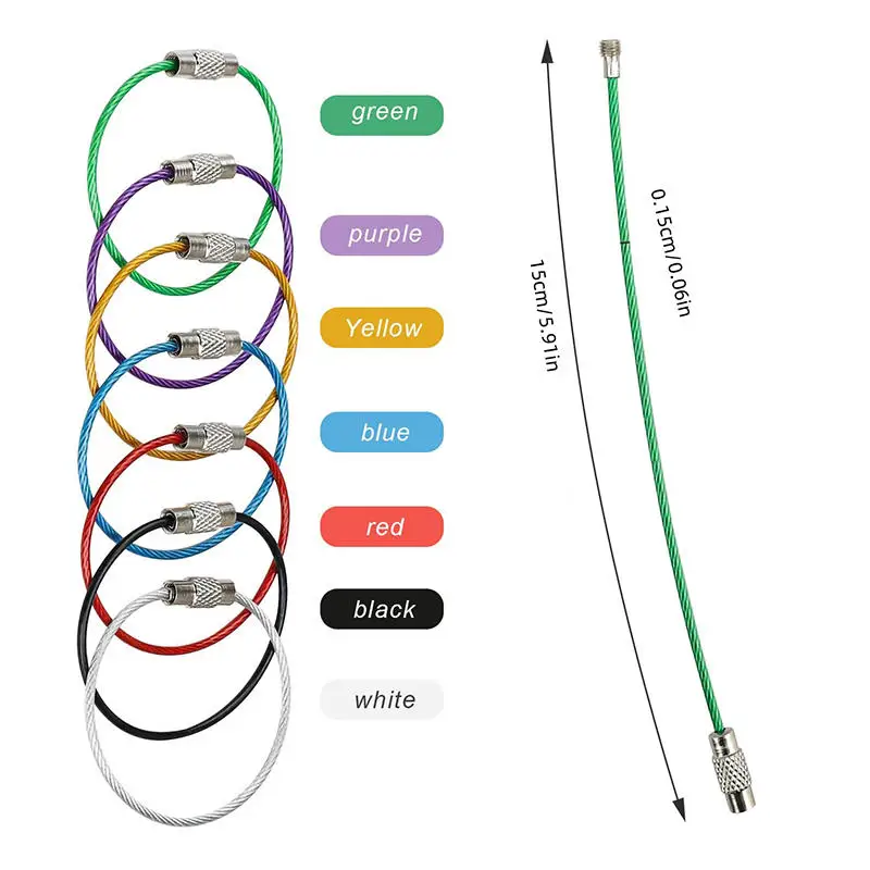 Multi Color Random Stainless Steel Wire Cable Rope Luggage Screw Lock Ring Key Keyring Loop Circle Hang Keychain Chain Tag