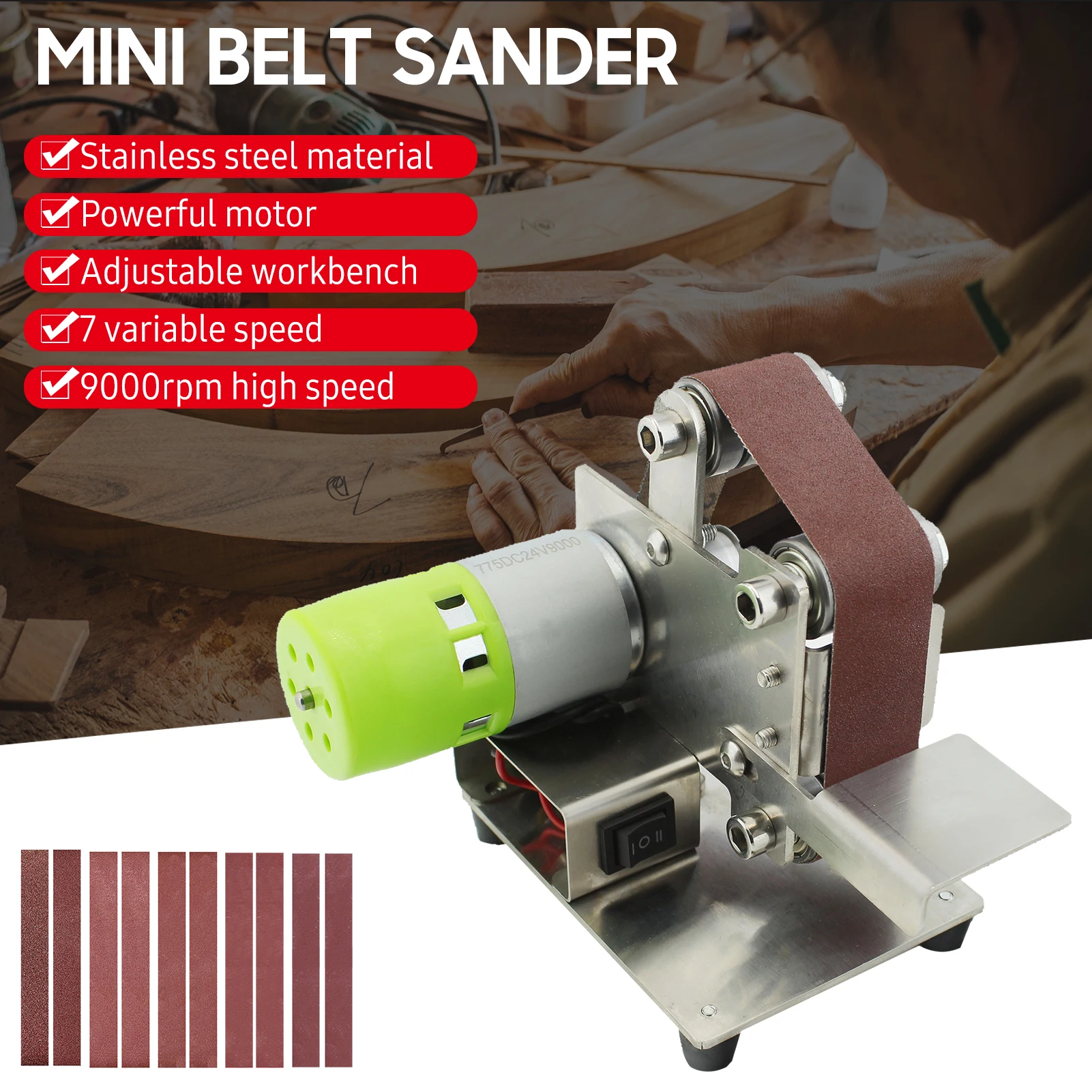 Belt Sander Electric Sanding Polishing Grinding Machine 7 Variable Speed with 10 Sanding Belts for Polishing Wood Acrylic Metal 6