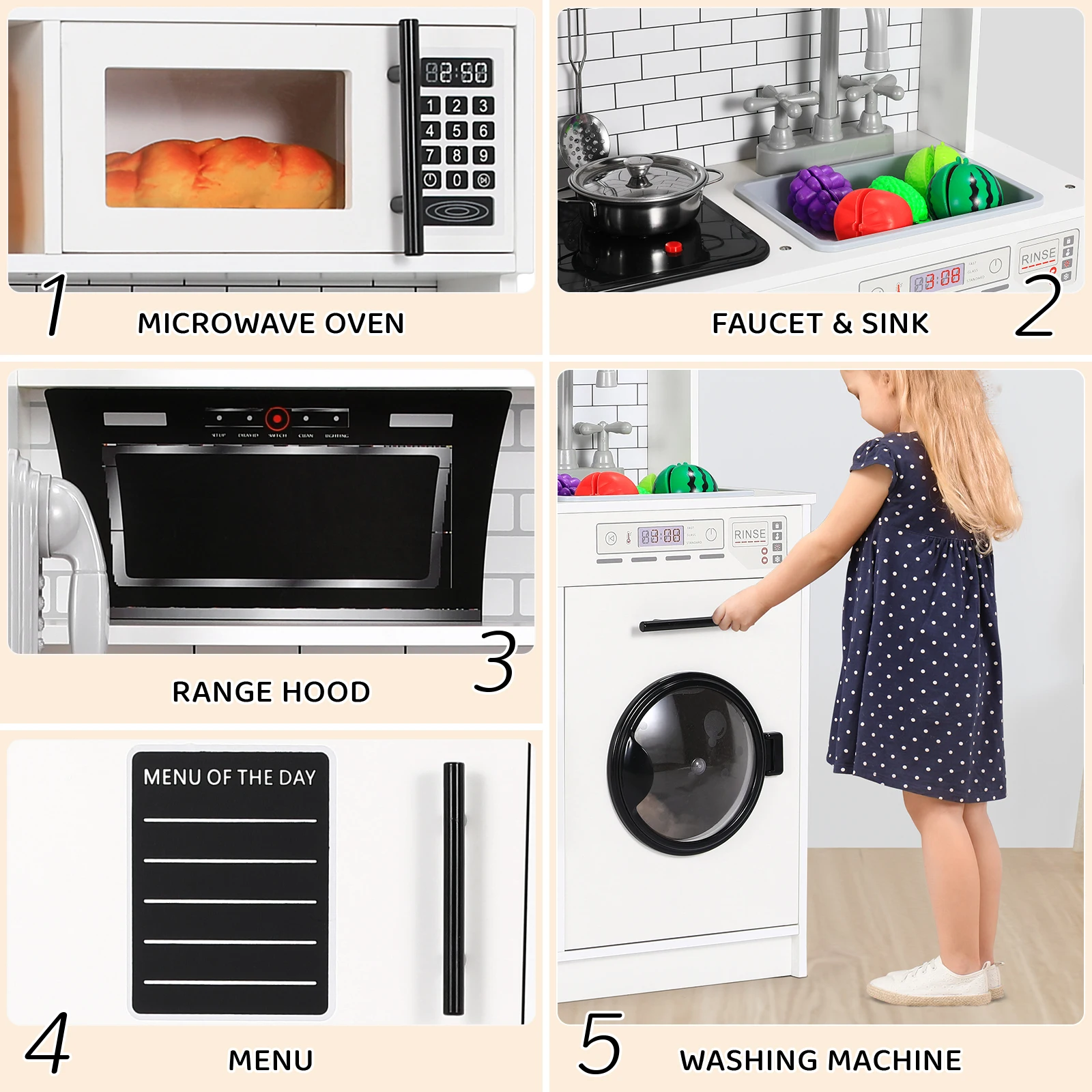 Wooden Kitchen Kids Pretend Play Kitchen Set Cooking Toys with Simulated Light and Sound Effects, Food,Cookware for Children - Image 5