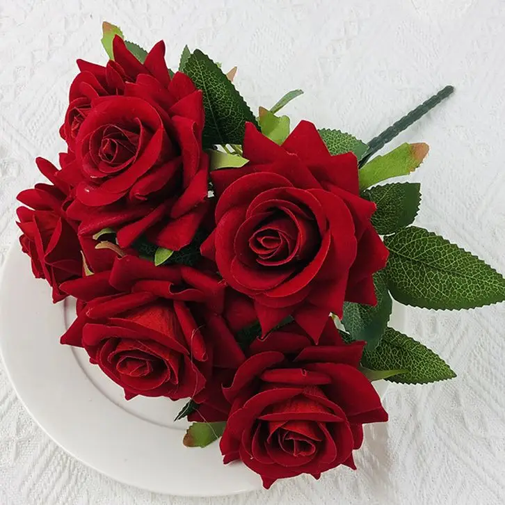 

Velvet Artificial Flowers Rose Bouquet Wedding Decorations Red 9 Heads Fake Roses Decorative Flower Home Decor Garden Decoration