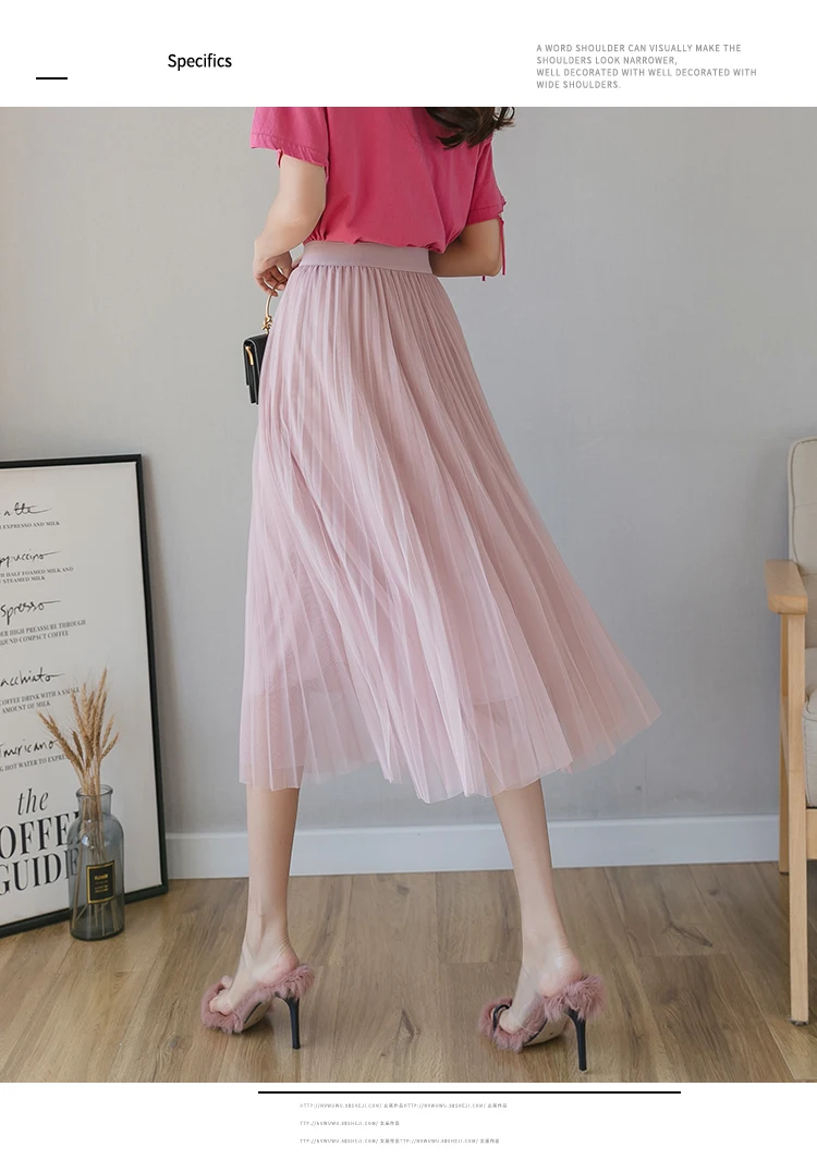 tennis skirt Women Pleated Mesh Mid Length Skirt Summer Elastic High Waist Fashion Solid Korean Casual Party A-Line Tulle Skirts Female 2022 white denim skirt