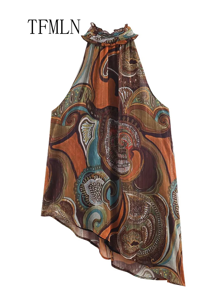 Fashion Women Printed Halter Collar Tops 2026 Spring Summer Causal Sleeveless Beach Style Asymmetrical Tops Retro Bow Thin Tops