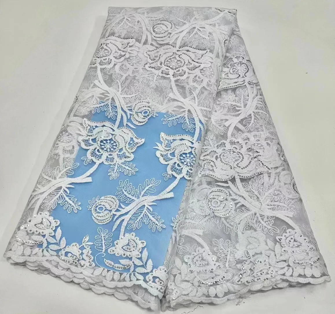 

Nigerian White Lace Fabric French Tulle African Lace Fabric with Sequins High Quality Net Lace Fabric 5 Yards for Wedding Party