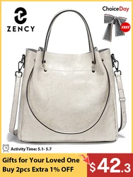 Zency Fashion Brown 100% Genuine Leather Women Handbag Large Capacity White Shoulder Bag Crossbody Tote Purses Shopper Bag 2024