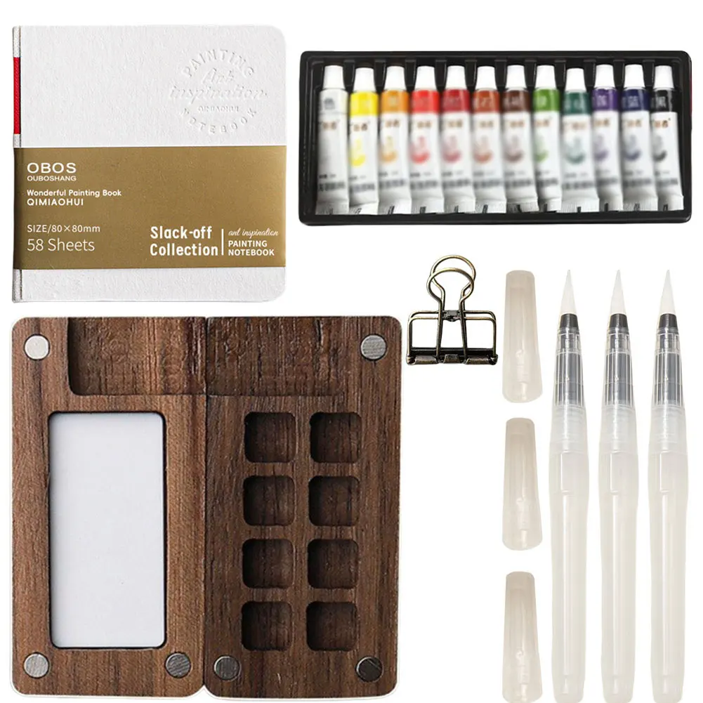 Travel Paint Palette Pocket Artist Watercolor Set with Clip Portable Watercolor Set Wooden Grid Paint Box Gift for Kids