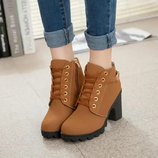 Platform Ankle Boots Women High Heel Lace Up Buckle Artificial Leather