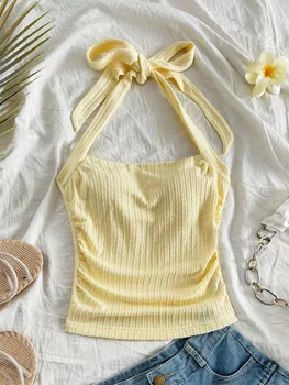 Short top, women's vacation knitted tie hanging neck tie top 1