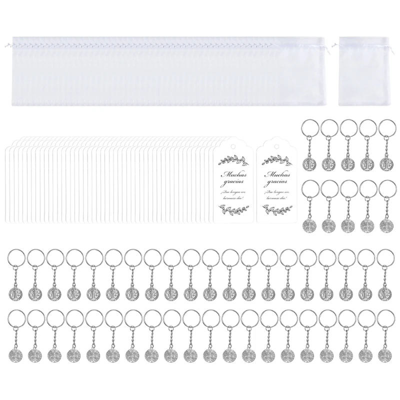 50PCS Religiöse Anhänger Schlüssel Ringe Metall Schlüsselbund Rucksäcke Tasche Charme Mit Organza Kordelzug Tasche Für B03E – Detail 8