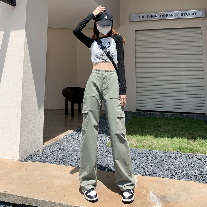 American Retro Khaki Green Pockets Cargo Pants Women 90s Baggy Workwear  Jeans Female Straight Loose Wide Leg Trousers Summer Y2k