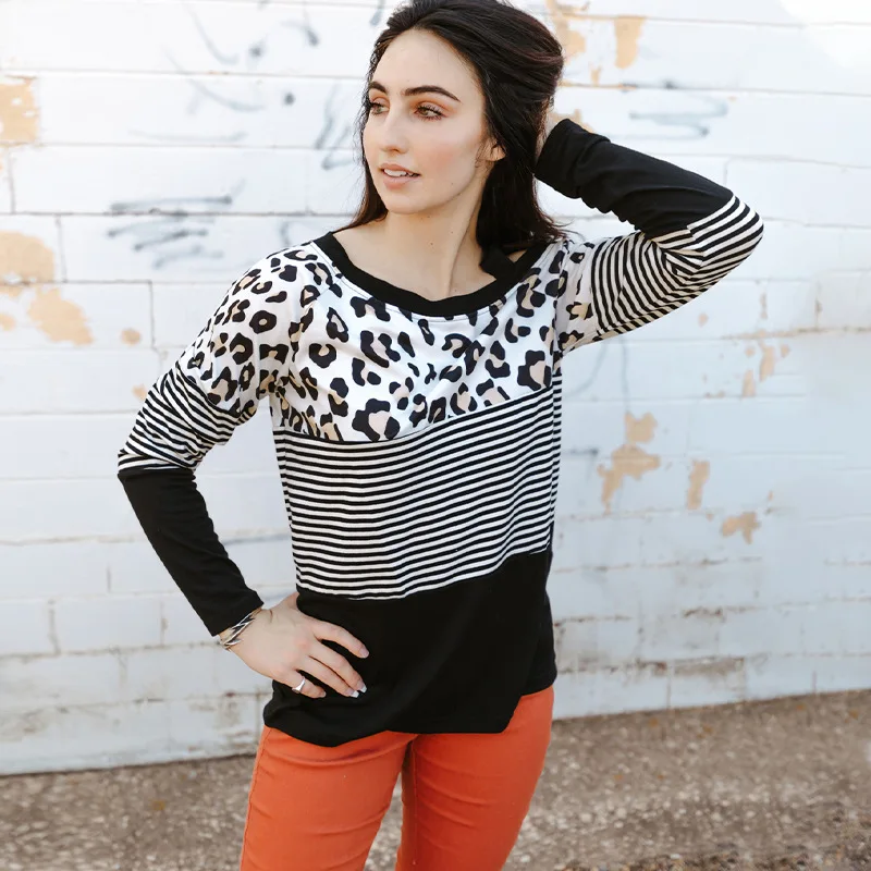 

Leopard Stripe Spliced Woven Long Sleeve Top Women's One Side Off Shoulder T-shirt 25115323