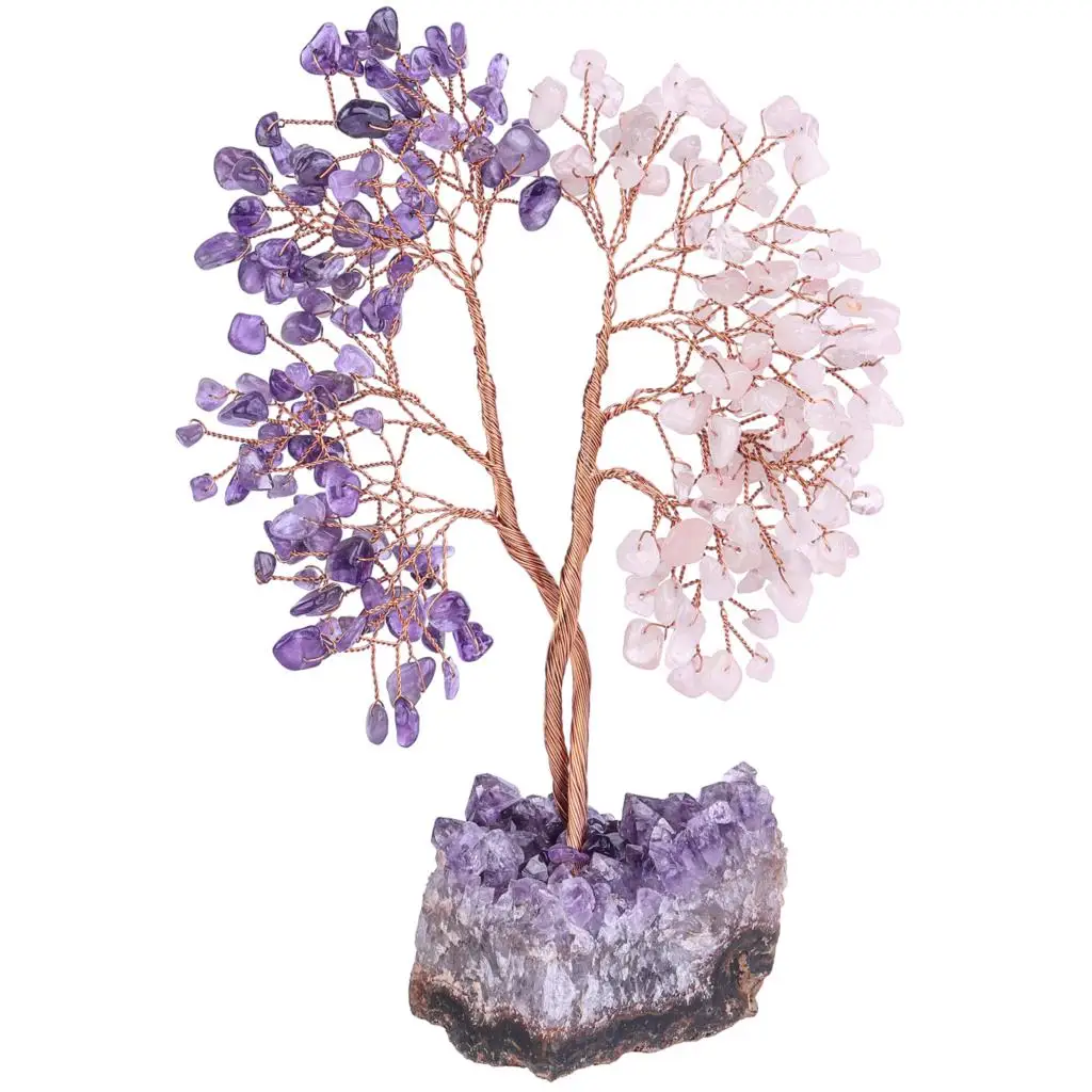 Natural Crystal Tree Healing Gemstone Chips Lucky Money Tree With Raw Amethyst Cluster Base For Home Decor Desktop Ornaments