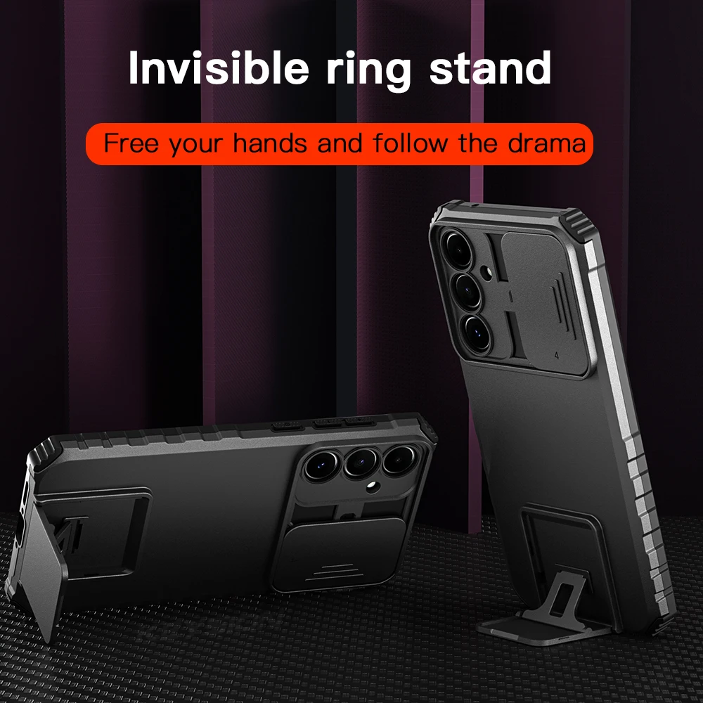 Enhanced Shockproof Phone Case with Slide Camera Lens Protection and Live Stand Feature