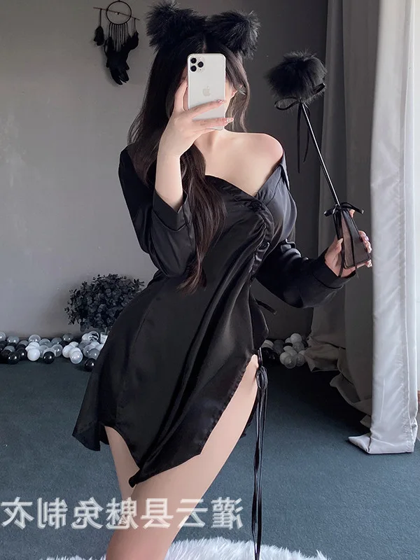 

Underwear Elegant Mature New Off The Shoulder Shirt Style Dress Sexy Exposed Women's Wear Passion Solid Coulour Sexy Dress 5P4J