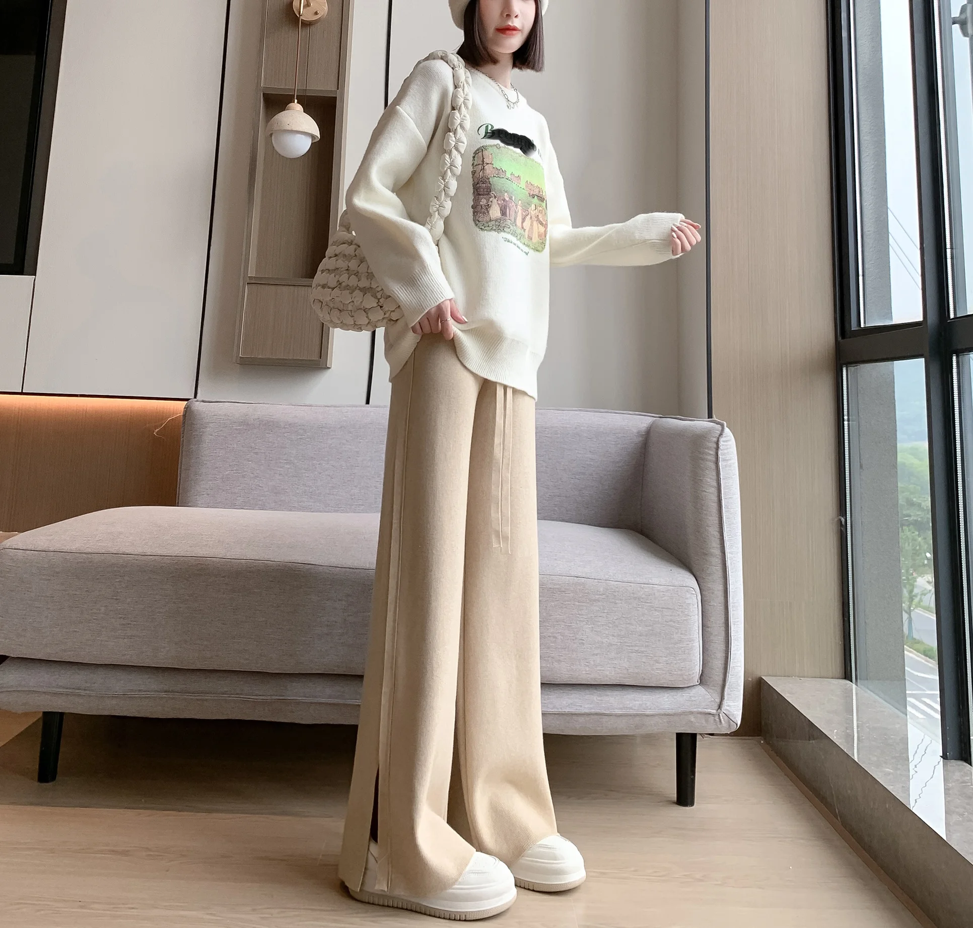 Women's Wide Legged Pants 2023 Autumn/Winter New High Waist Loose Floor Dragging Straight Tube Drop Knitted Long Pants