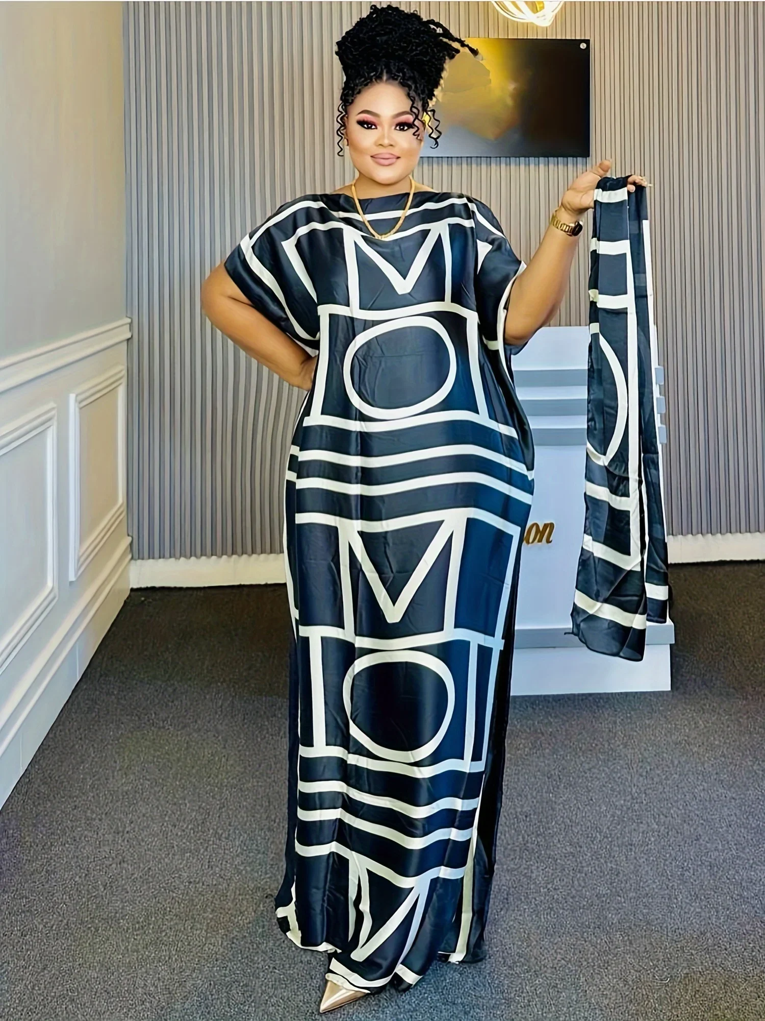 Kaftan dress Plus Size Geometric Print Kaftan Dress Flattering Modest Crew Neck Flowy Maxi Silhouette Designed Curvy Women Fit