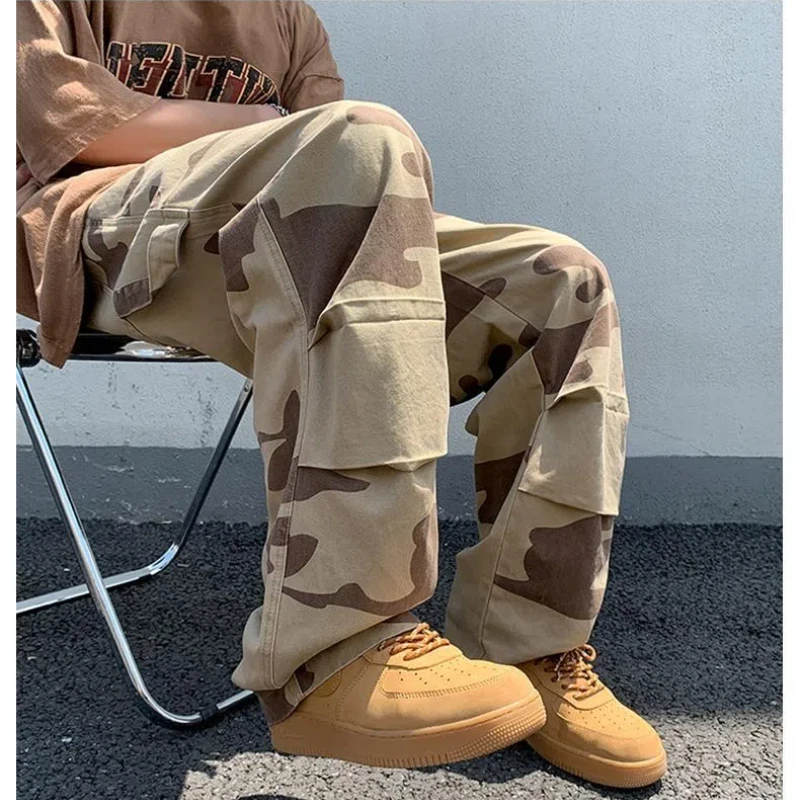 American Trend Vintage Summer Casual Cargo Pants Men Print Elastic Waist Drawstring High Street Loose Straigh Wide Leg Trousers