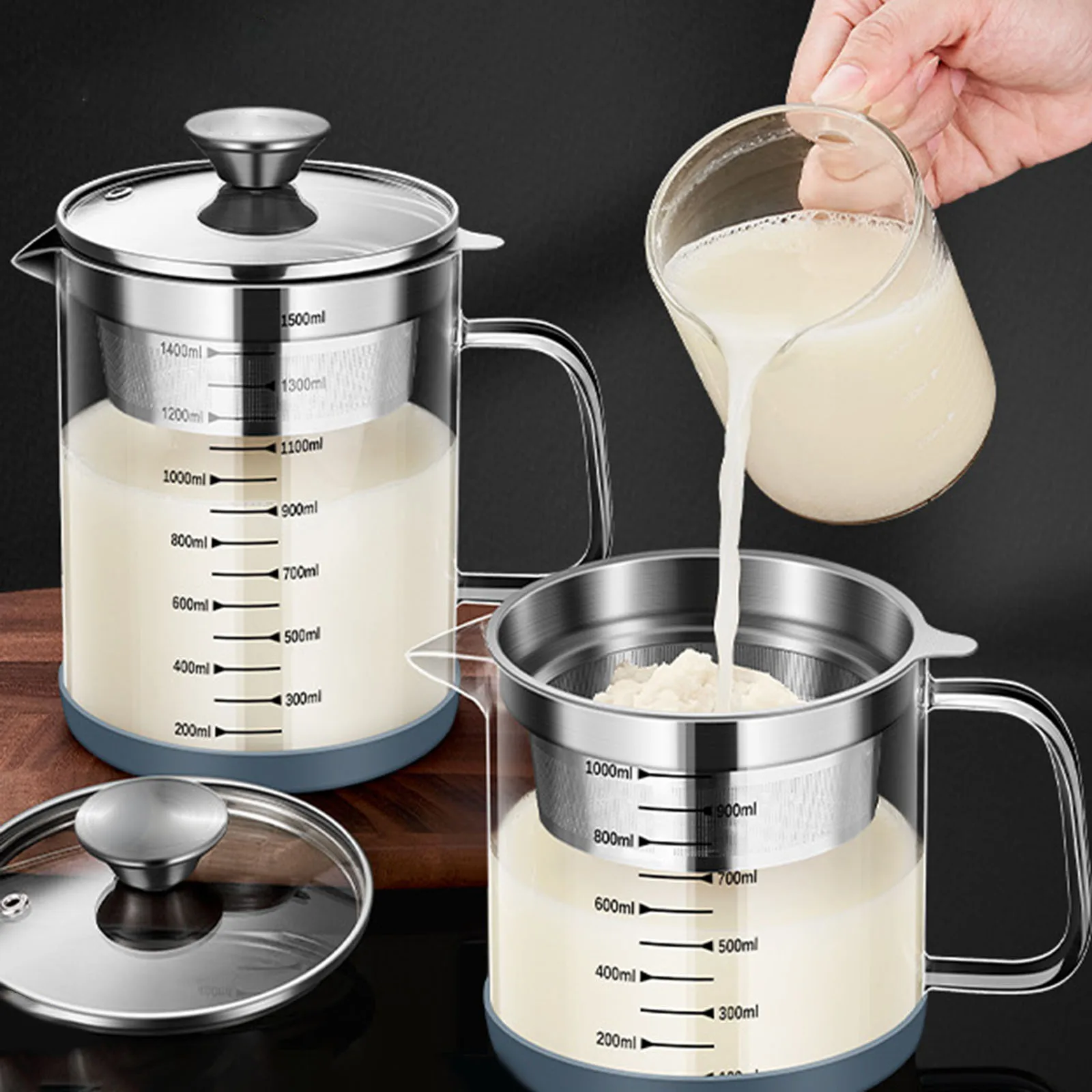 مصفاة طعام زجاجية بمقياس ، وعاء فلتر الزيت ، حليب الصويا وحاوية الزبادي ، 1 لتر ، 1.5L