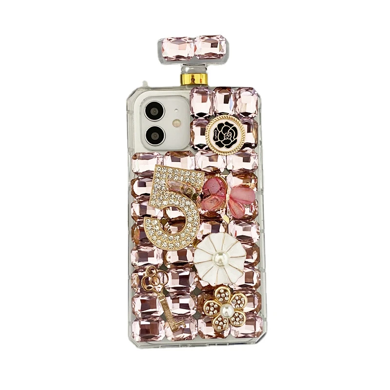 Carcasă de telefon cu sticlă de parfum și strasuri strălucitoare cu diamante, pentru iPhone, calitate înaltă, design vestimentar, 15, 14, 13, 12 Pro_voghion.com