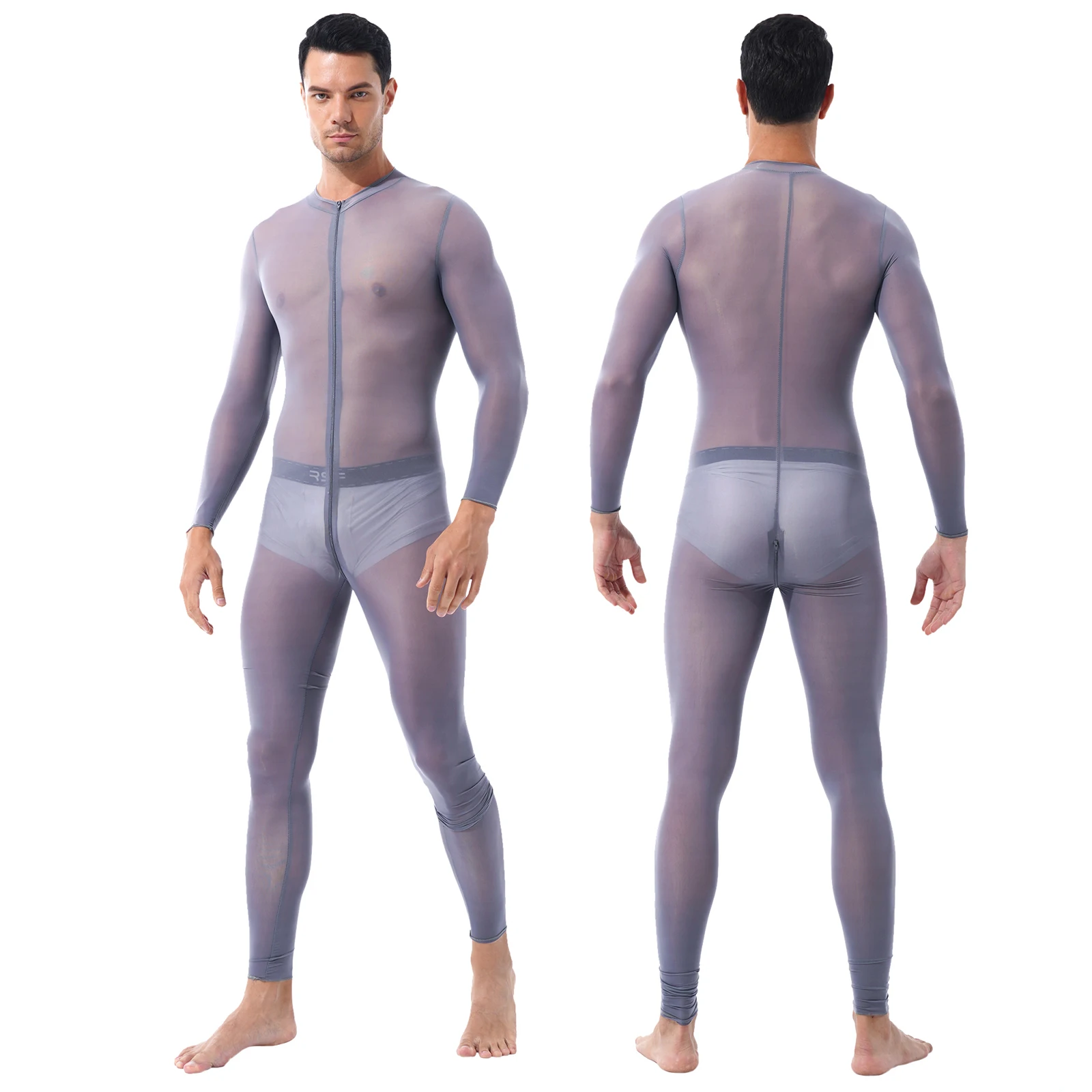 

Mens Lingerie See Through Open Crotch Bodysuit Jumpsuit Double Zipper Sheer Bodystocking Long Sleeves Smooth Sexy Body Suit