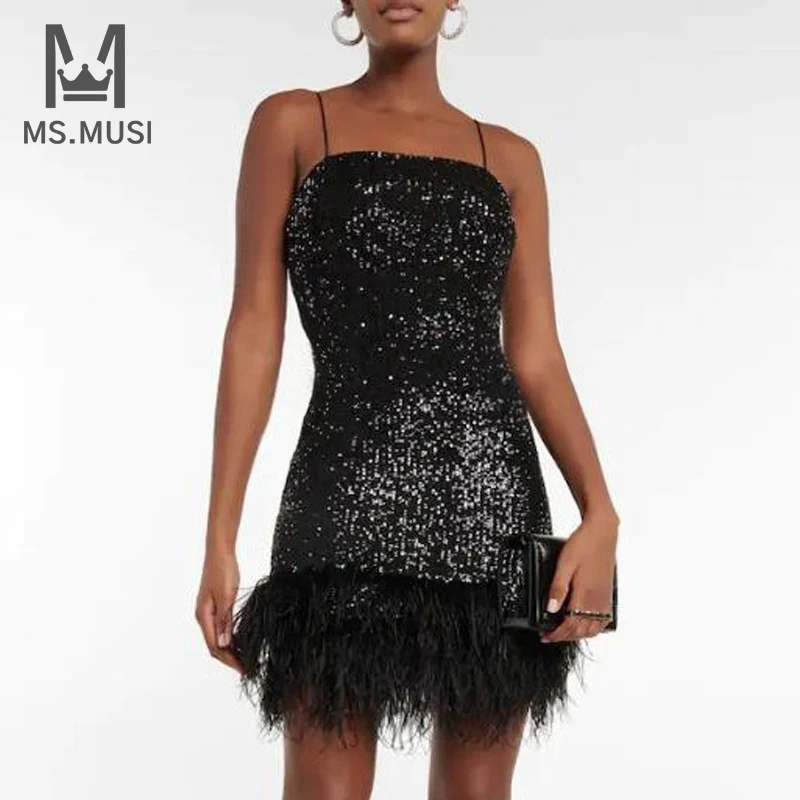 

MSMUSI 2023 New Fashion Women Sexy Black Feather Sequins Sleeveless Backless Bodycon Party Club Slim Event Mini Dress Vestidos